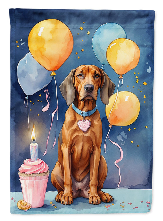 Redbone Coonhound Happy Birthday Garden Flag –Dog Birthday Cupcake Yard Decor with Balloons