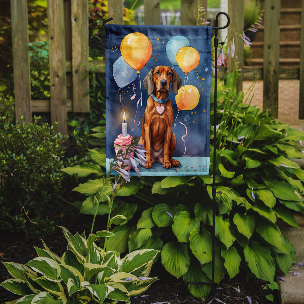 Redbone Coonhound Happy Birthday Garden Flag –Dog Birthday Cupcake Yard Decor with Balloons