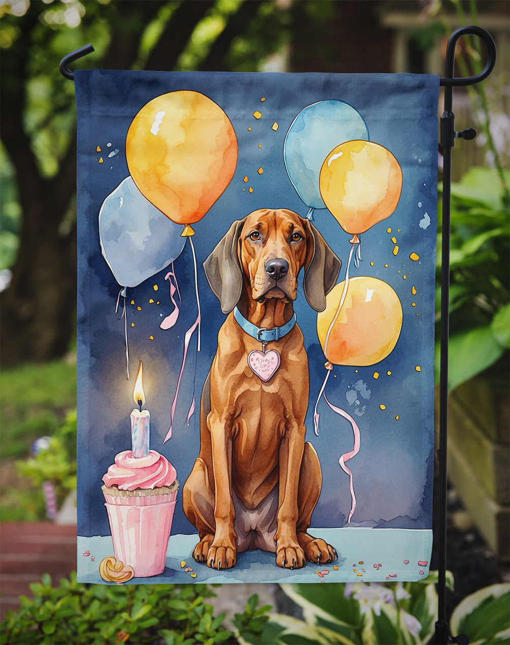 Redbone Coonhound Happy Birthday Garden Flag –Dog Birthday Cupcake Yard Decor with Balloons