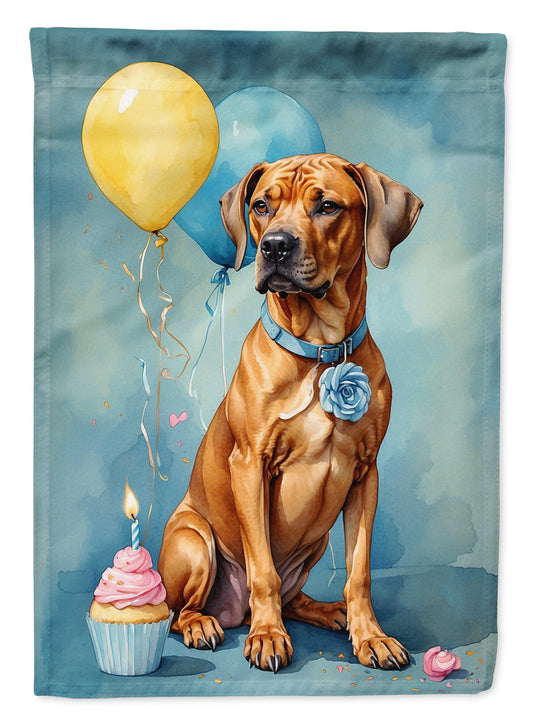 Rhodesian Ridgeback Happy Birthday Garden Flag –Dog Birthday Cupcake Yard Decor with Balloons