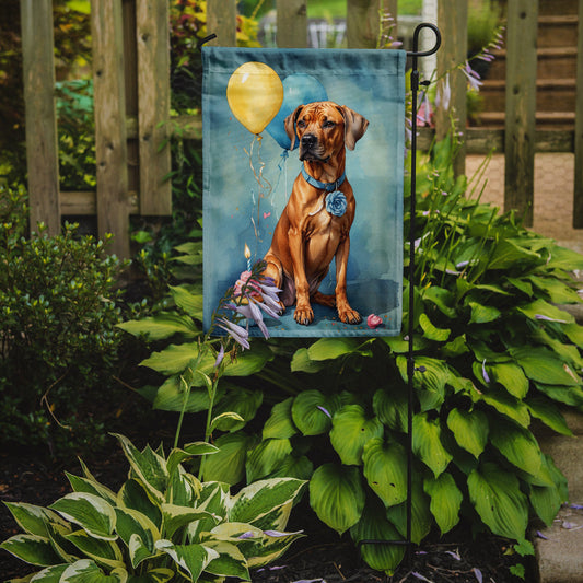 Rhodesian Ridgeback Happy Birthday Garden Flag –Dog Birthday Cupcake Yard Decor with Balloons