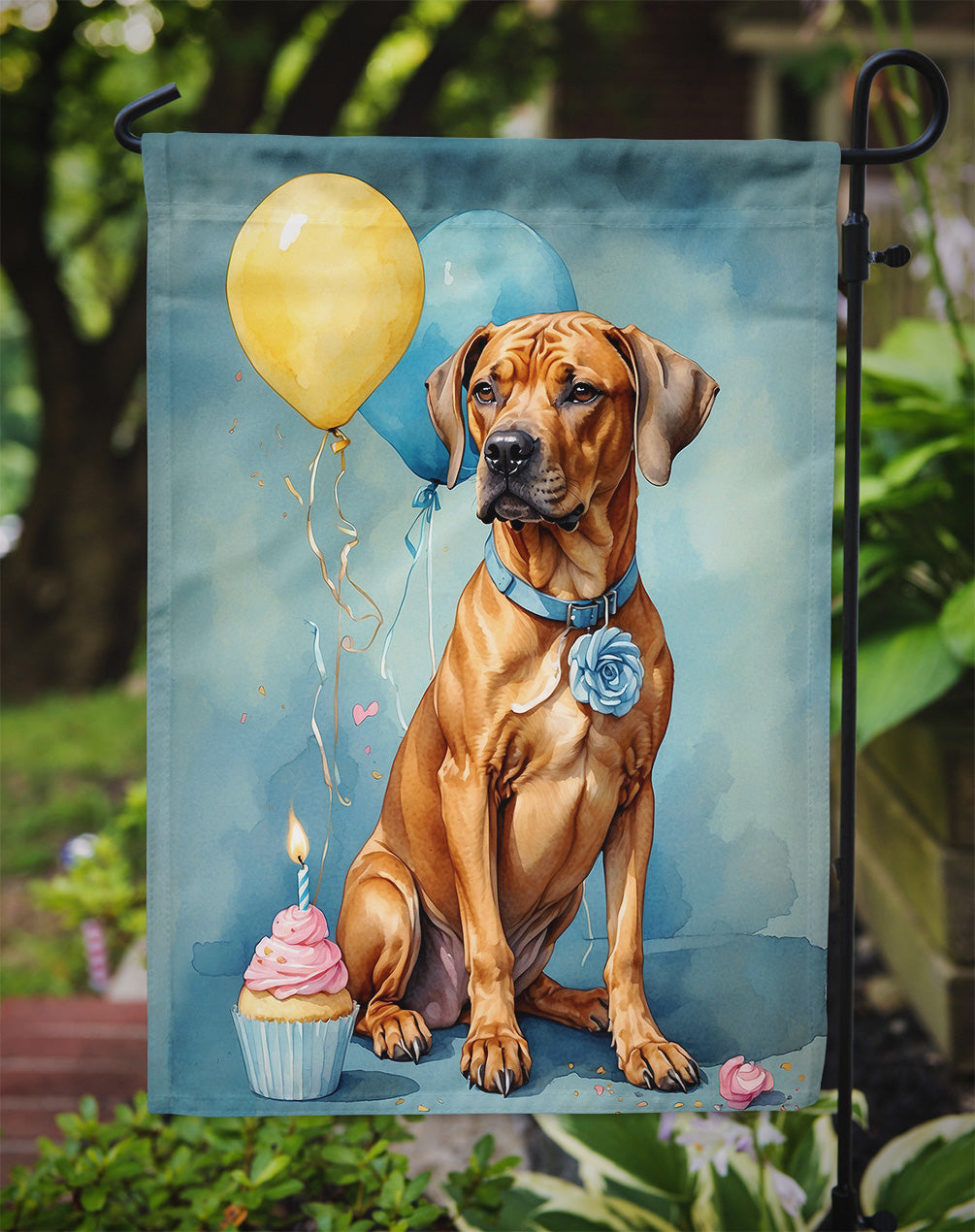Rhodesian Ridgeback Happy Birthday Garden Flag –Dog Birthday Cupcake Yard Decor with Balloons