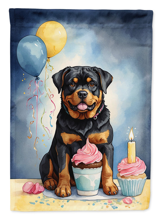 Rottweiler Happy Birthday Garden Flag –Dog Birthday Cupcake Yard Decor with Balloons