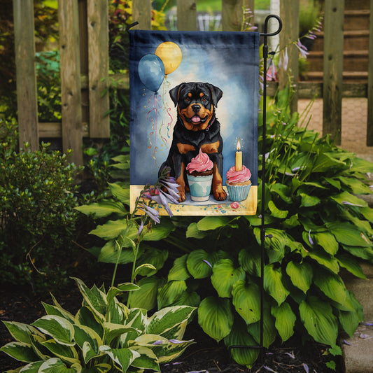 Rottweiler Happy Birthday Garden Flag –Dog Birthday Cupcake Yard Decor with Balloons