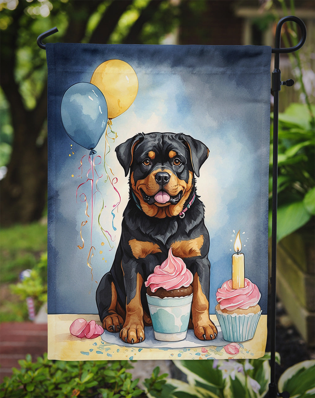 Rottweiler Happy Birthday Garden Flag –Dog Birthday Cupcake Yard Decor with Balloons