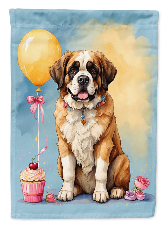 Saint Bernard Happy Birthday Garden Flag –Dog Birthday Cupcake Yard Decor with Balloons