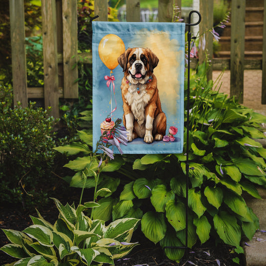 Saint Bernard Happy Birthday Garden Flag –Dog Birthday Cupcake Yard Decor with Balloons