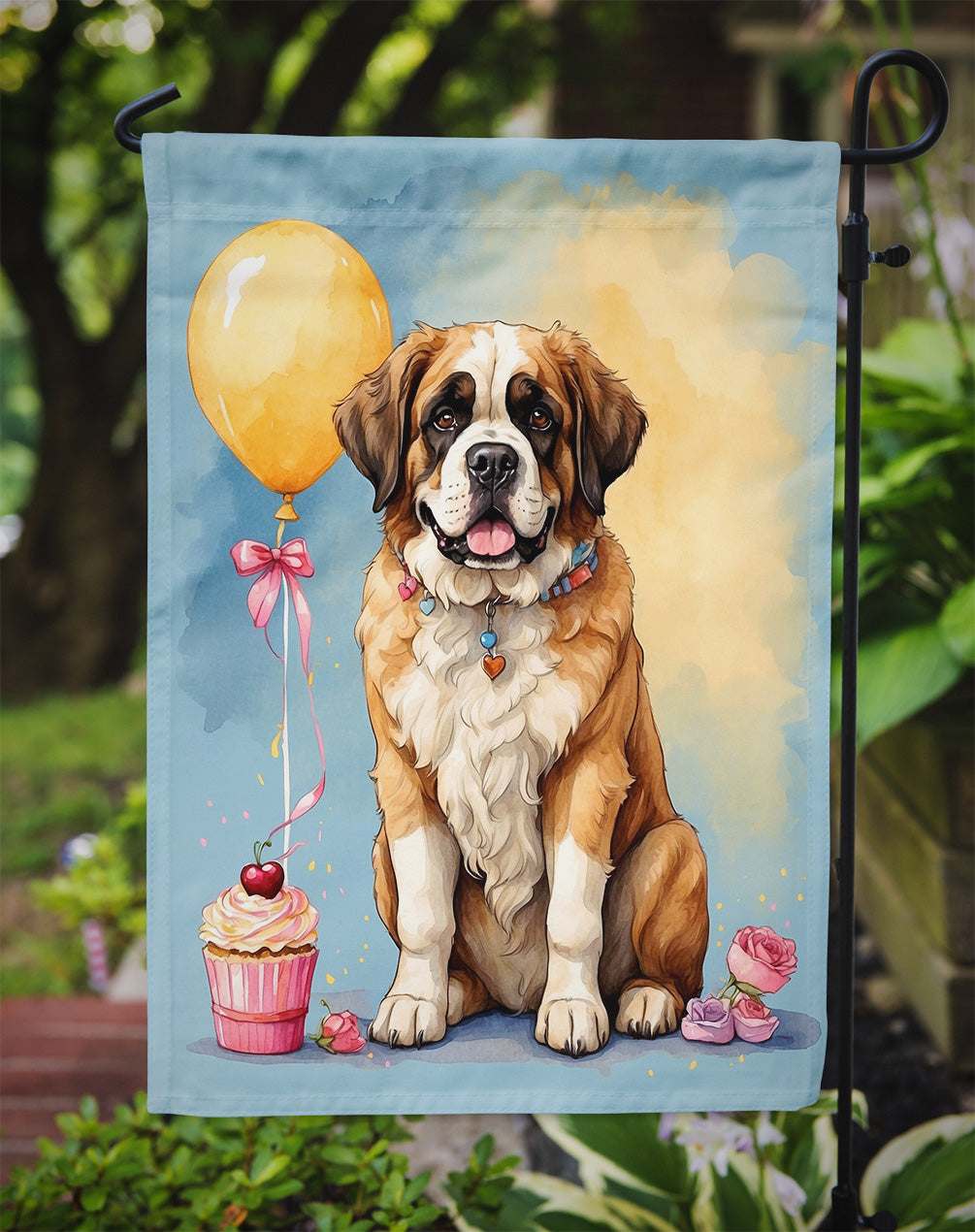 Saint Bernard Happy Birthday Garden Flag –Dog Birthday Cupcake Yard Decor with Balloons