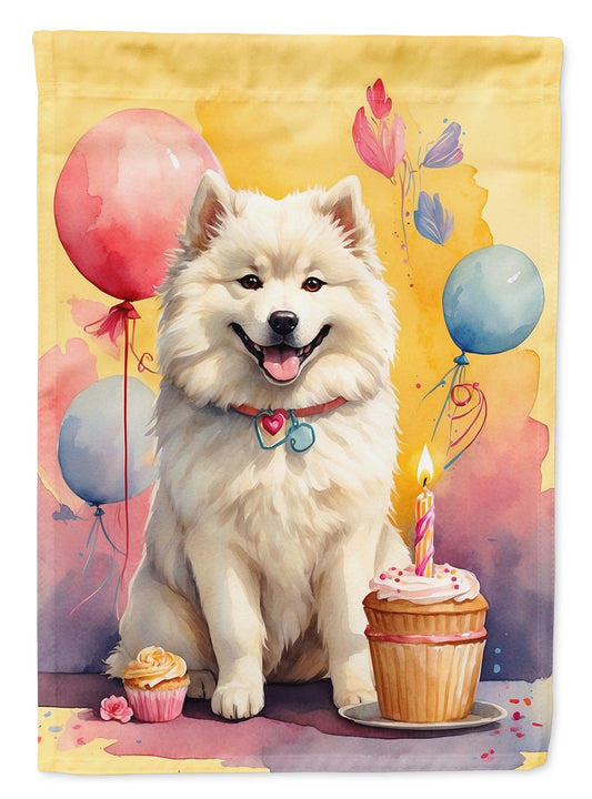 Samoyed Happy Birthday Garden Flag –Dog Birthday Cupcake Yard Decor with Balloons