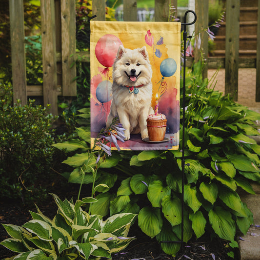 Samoyed Happy Birthday Garden Flag –Dog Birthday Cupcake Yard Decor with Balloons