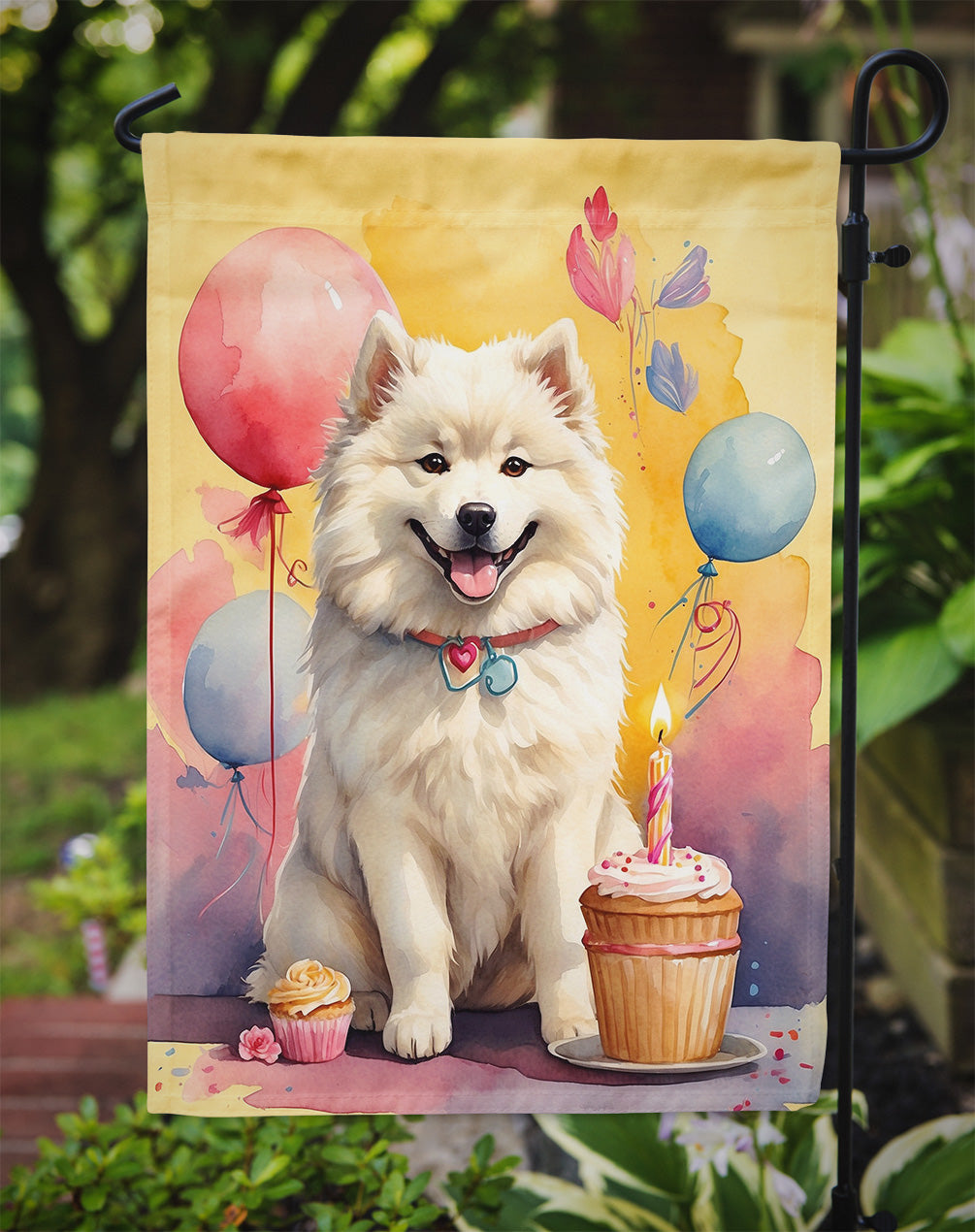 Samoyed Happy Birthday Garden Flag –Dog Birthday Cupcake Yard Decor with Balloons