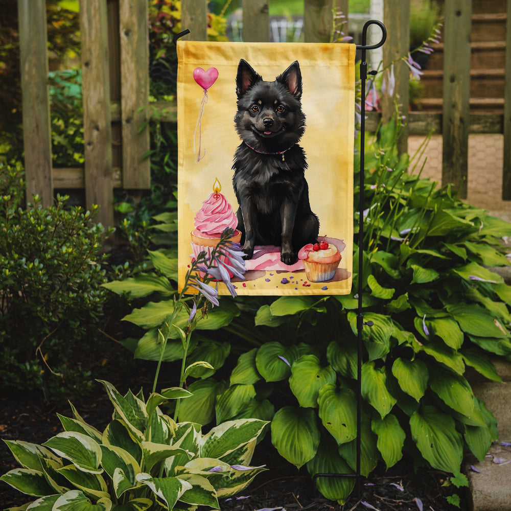 Schipperke Happy Birthday Garden Flag –Dog Birthday Cupcake Yard Decor with Balloons