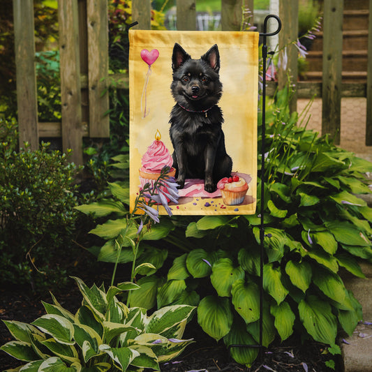 Schipperke Happy Birthday Garden Flag –Dog Birthday Cupcake Yard Decor with Balloons