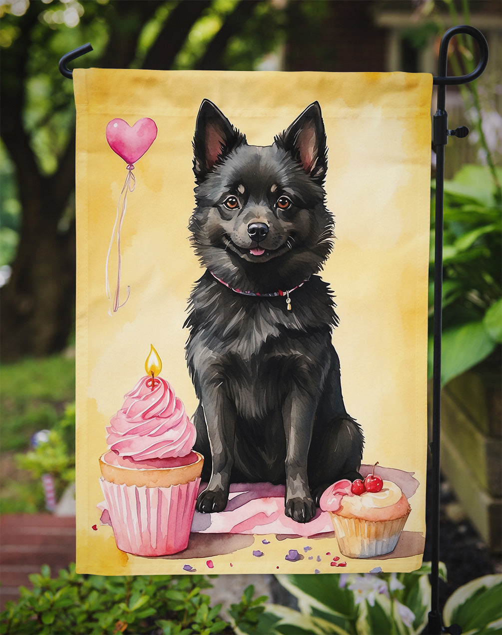 Schipperke Happy Birthday Garden Flag –Dog Birthday Cupcake Yard Decor with Balloons