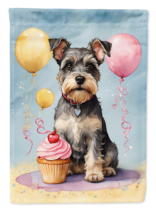 Schnauzer Happy Birthday Garden Flag –Dog Birthday Cupcake Yard Decor with Balloons