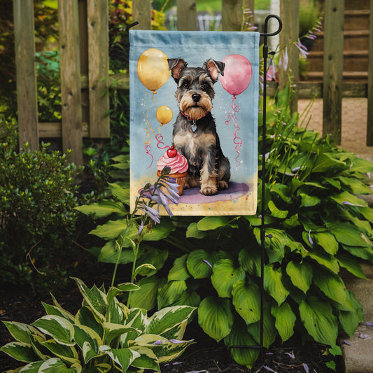 Schnauzer Happy Birthday Garden Flag –Dog Birthday Cupcake Yard Decor with Balloons