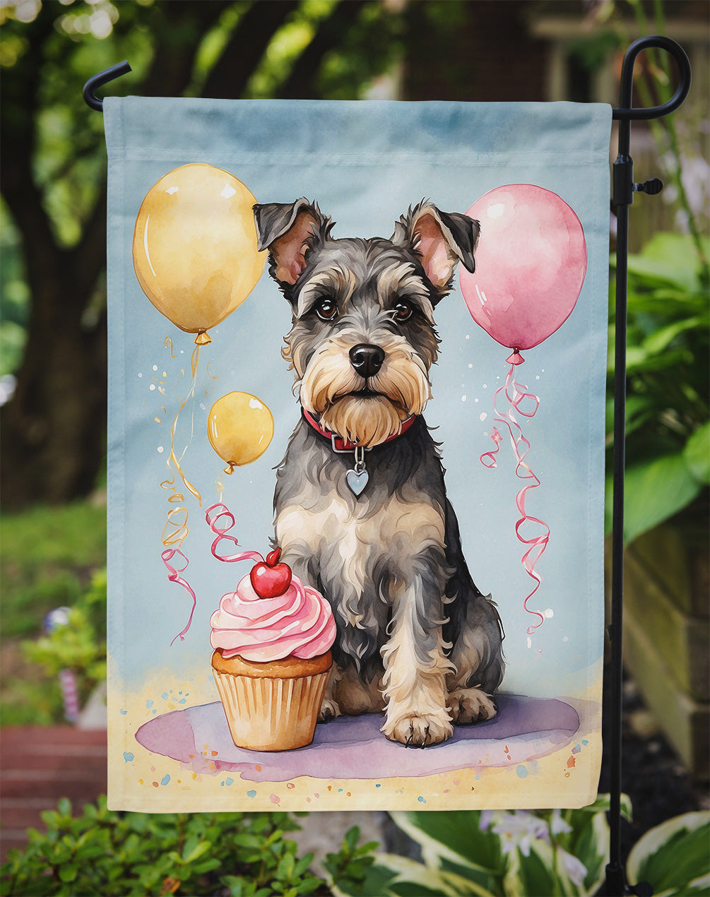 Schnauzer Happy Birthday Garden Flag –Dog Birthday Cupcake Yard Decor with Balloons