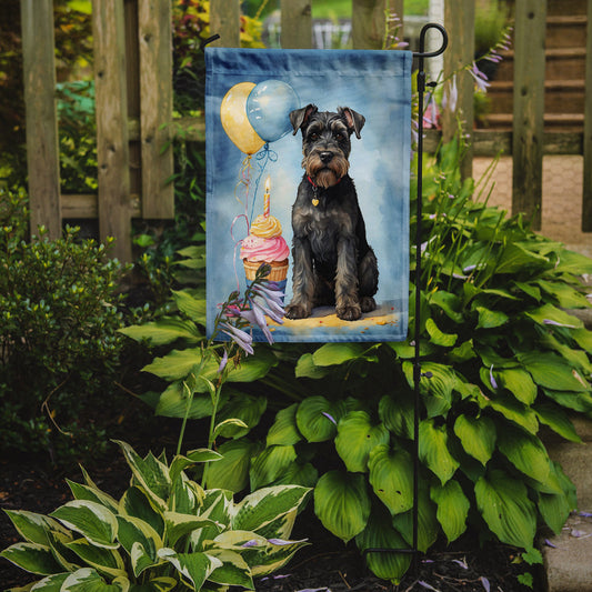 Schnauzer Happy Birthday Garden Flag –Dog Birthday Cupcake Yard Decor with Balloons