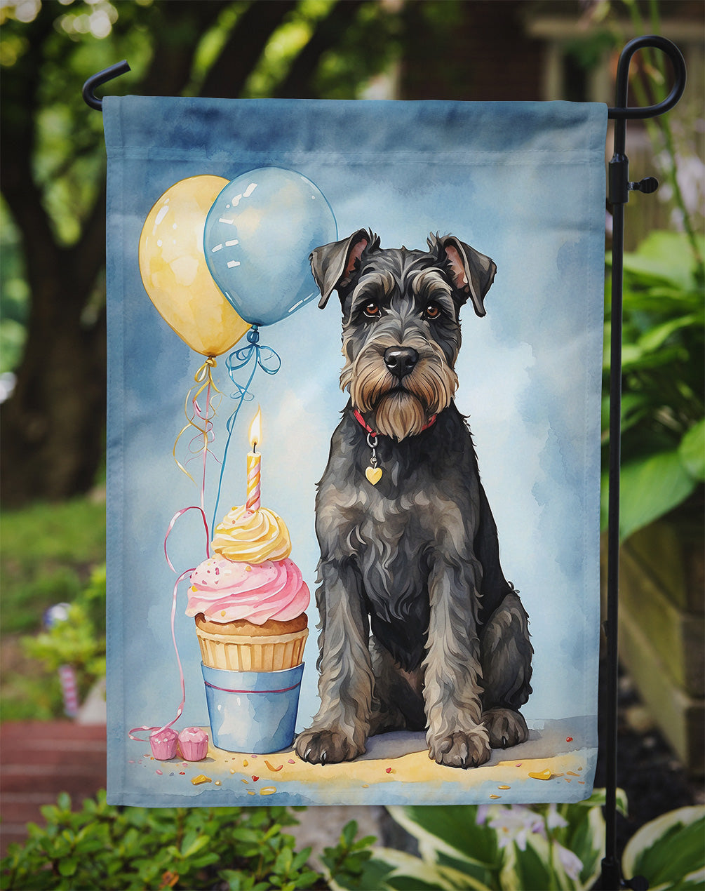 Schnauzer Happy Birthday Garden Flag –Dog Birthday Cupcake Yard Decor with Balloons