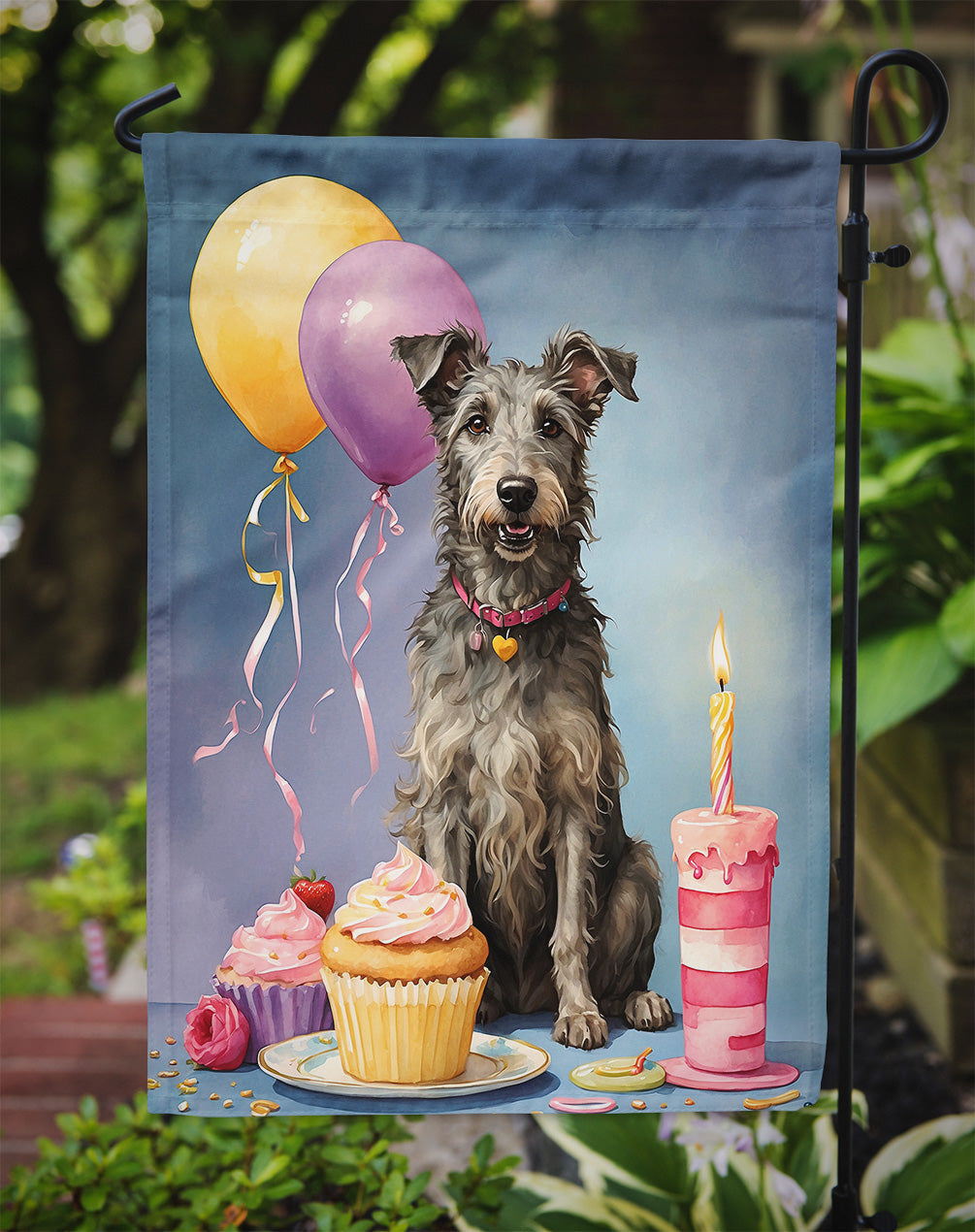 Scottish Deerhound Happy Birthday Garden Flag –Dog Birthday Cupcake Yard Decor with Balloons