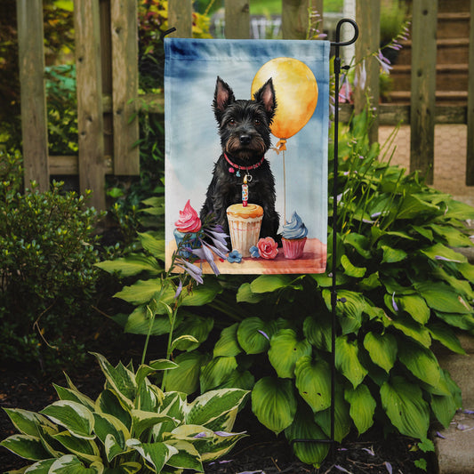 Scottish Terrier Happy Birthday Garden Flag –Dog Birthday Cupcake Yard Decor with Balloons