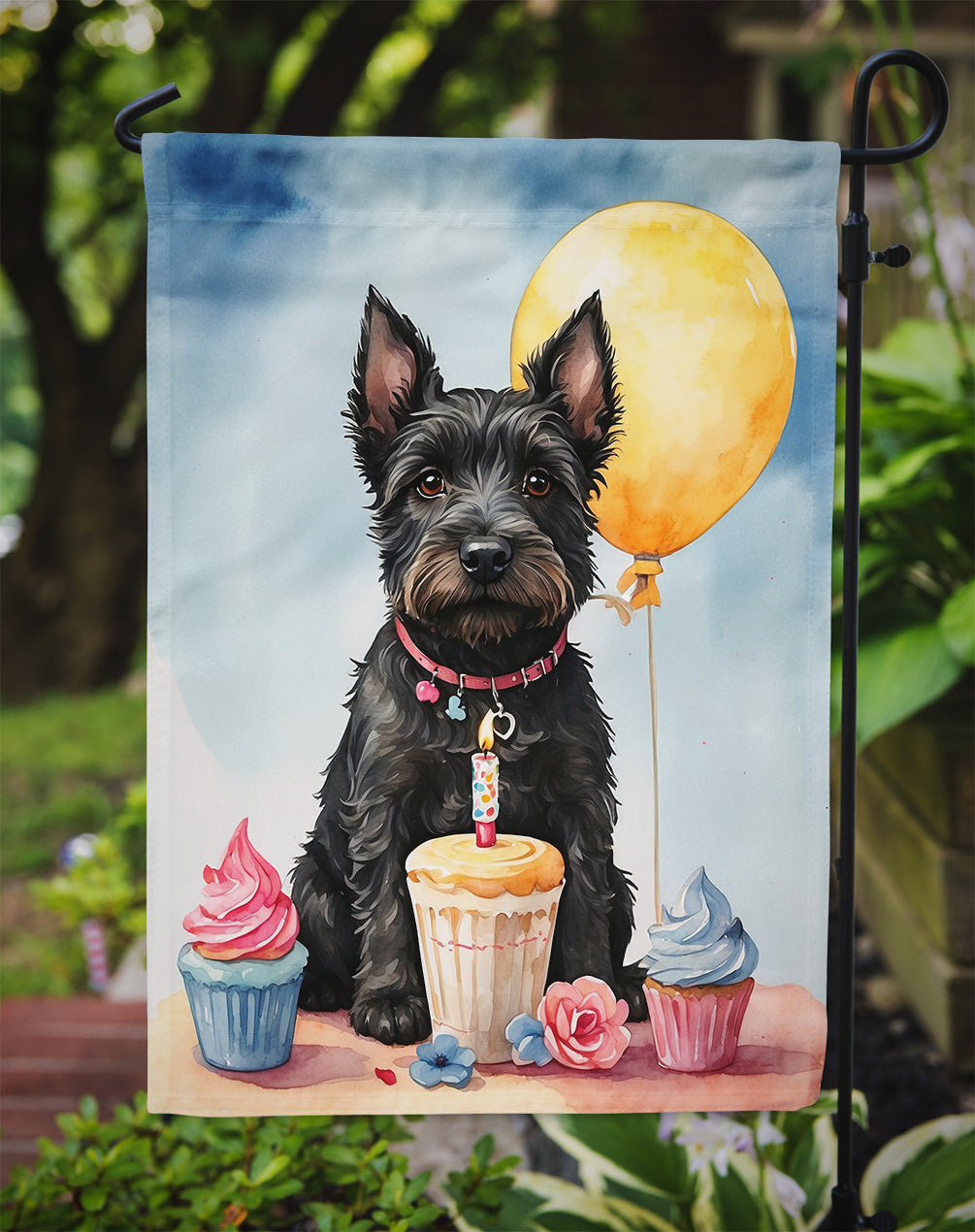 Scottish Terrier Happy Birthday Garden Flag –Dog Birthday Cupcake Yard Decor with Balloons