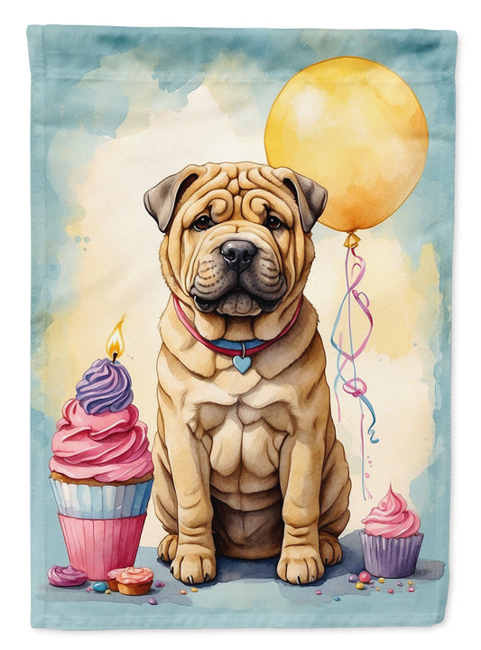 Shar Pei Happy Birthday Garden Flag –Dog Birthday Cupcake Yard Decor with Balloons