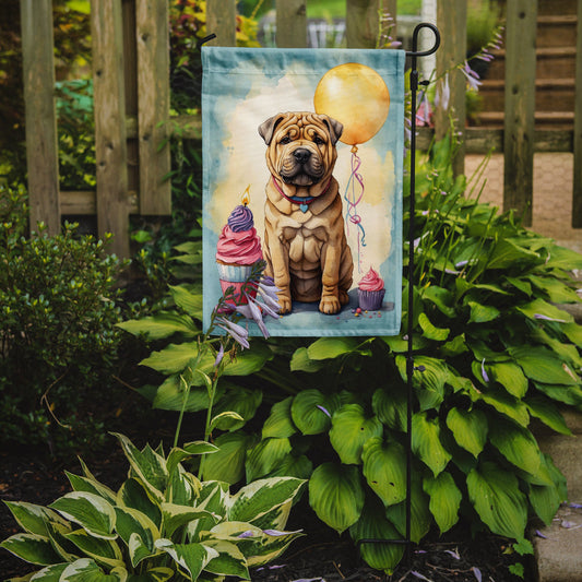 Shar Pei Happy Birthday Garden Flag –Dog Birthday Cupcake Yard Decor with Balloons