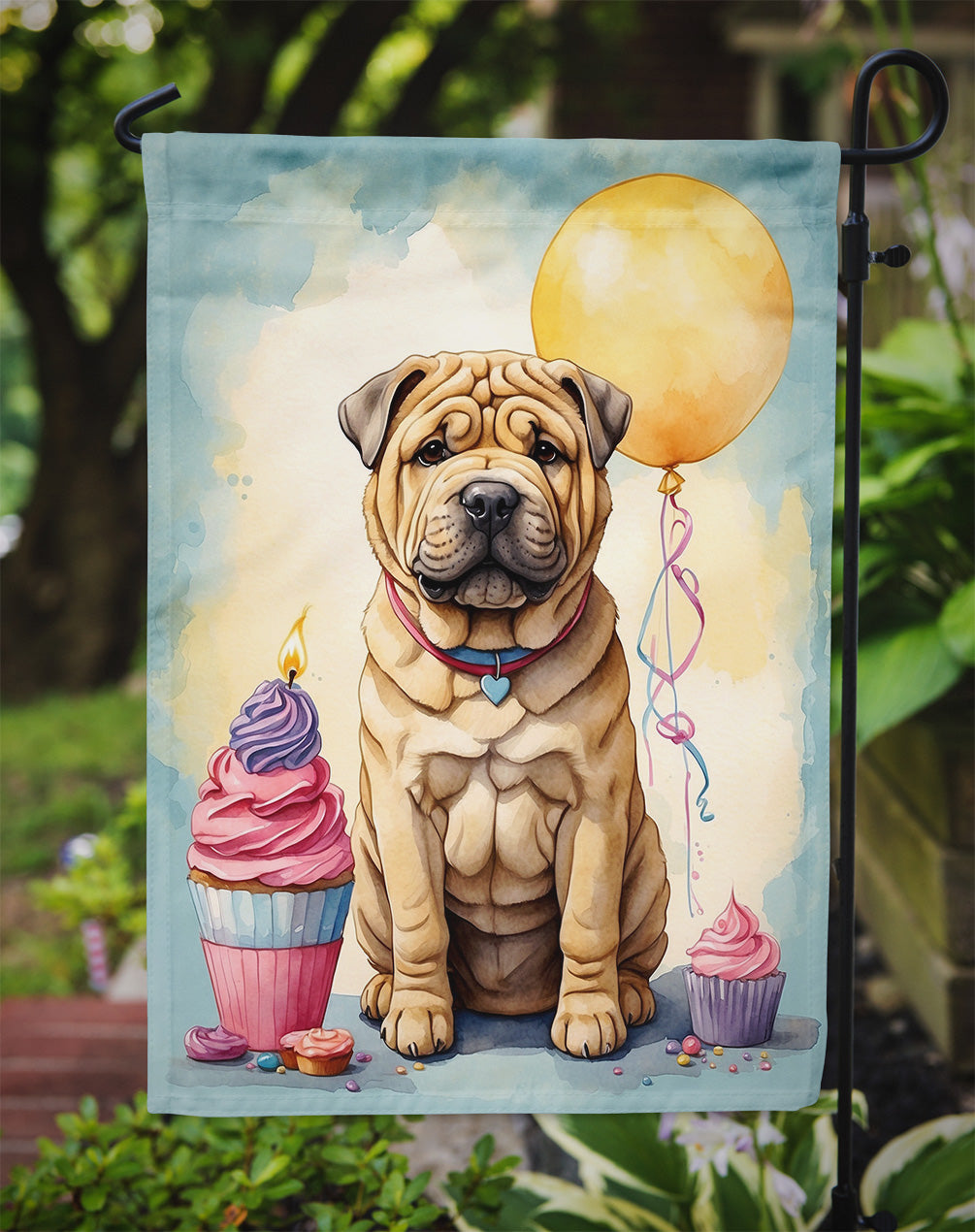 Shar Pei Happy Birthday Garden Flag –Dog Birthday Cupcake Yard Decor with Balloons