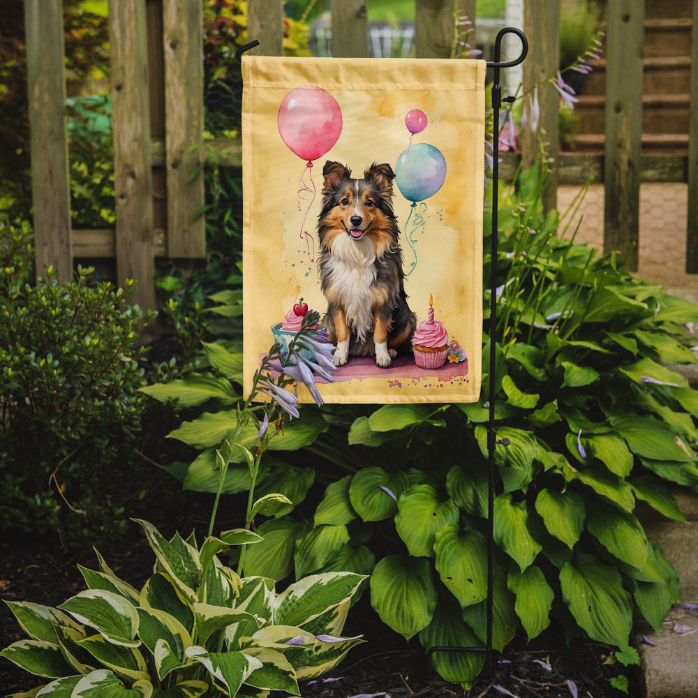 Sheltie Happy Birthday Garden Flag –Dog Birthday Cupcake Yard Decor with Balloons