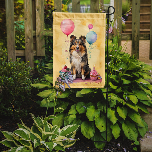 Sheltie Happy Birthday Garden Flag –Dog Birthday Cupcake Yard Decor with Balloons