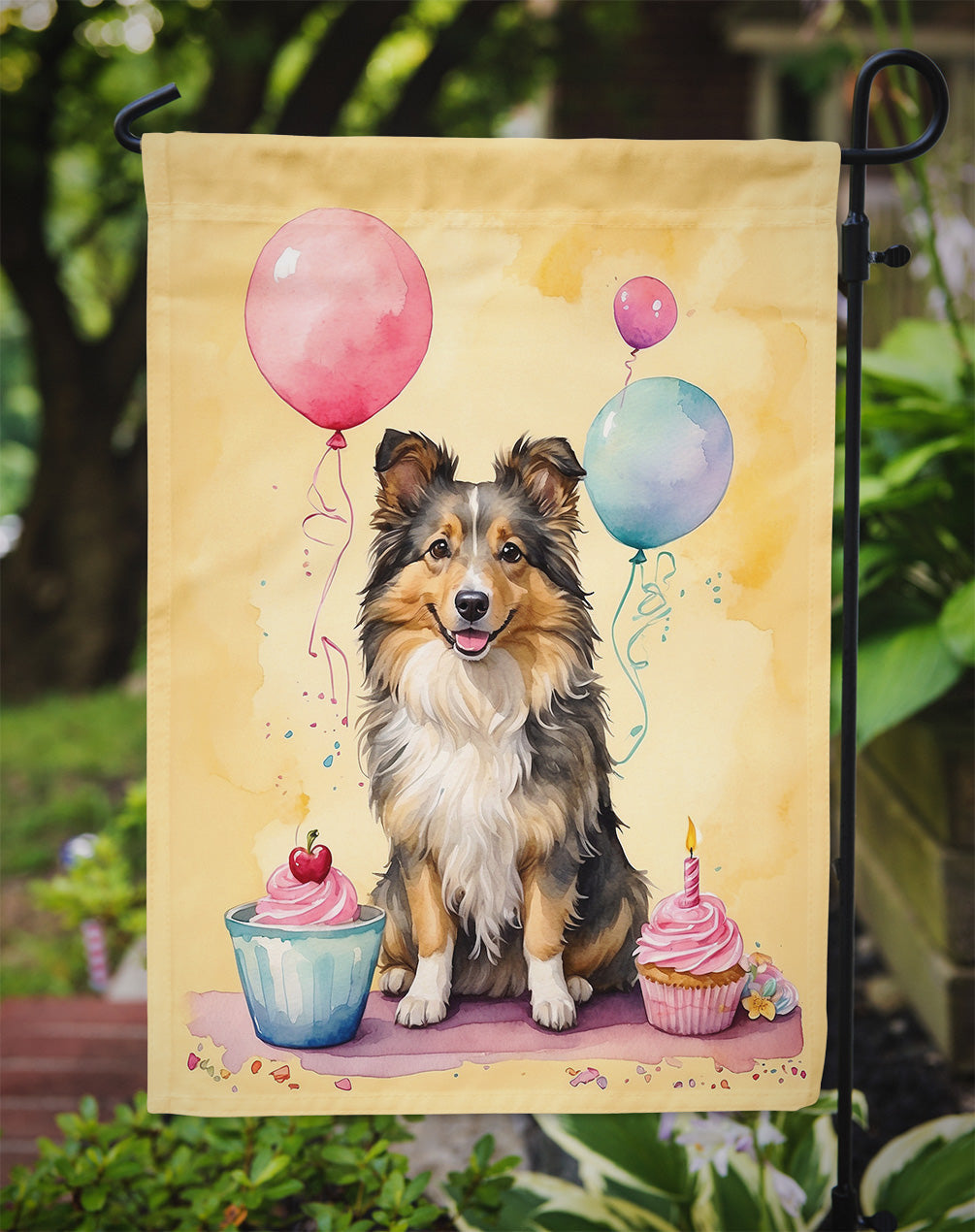 Sheltie Happy Birthday Garden Flag –Dog Birthday Cupcake Yard Decor with Balloons