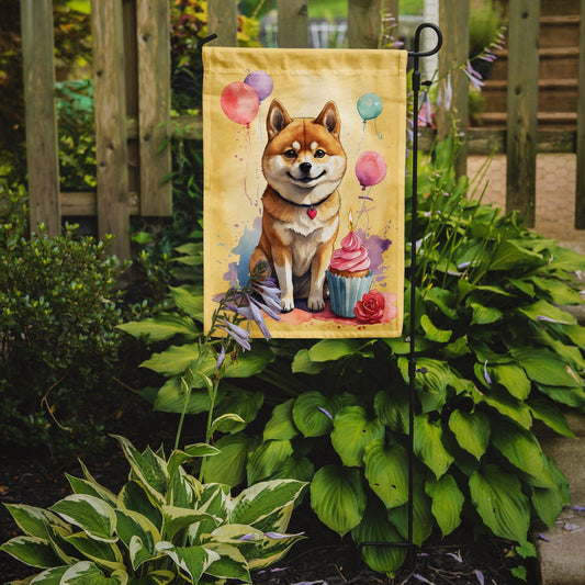 Shiba Inu Happy Birthday Garden Flag –Dog Birthday Cupcake Yard Decor with Balloons