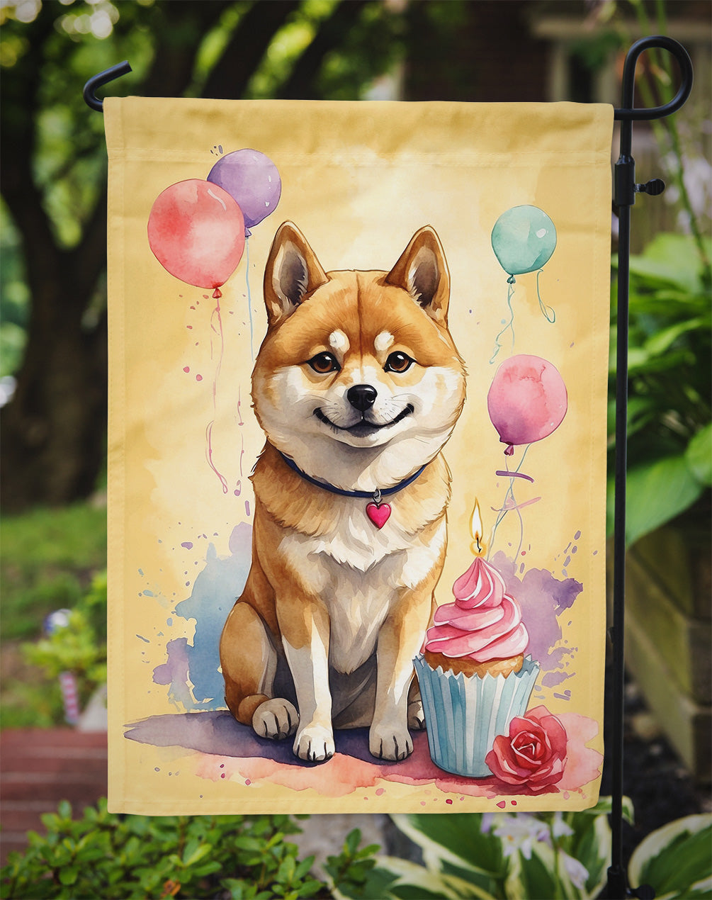 Shiba Inu Happy Birthday Garden Flag –Dog Birthday Cupcake Yard Decor with Balloons
