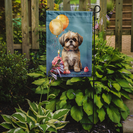 Shih Tzu Happy Birthday Garden Flag –Dog Birthday Cupcake Yard Decor with Balloons