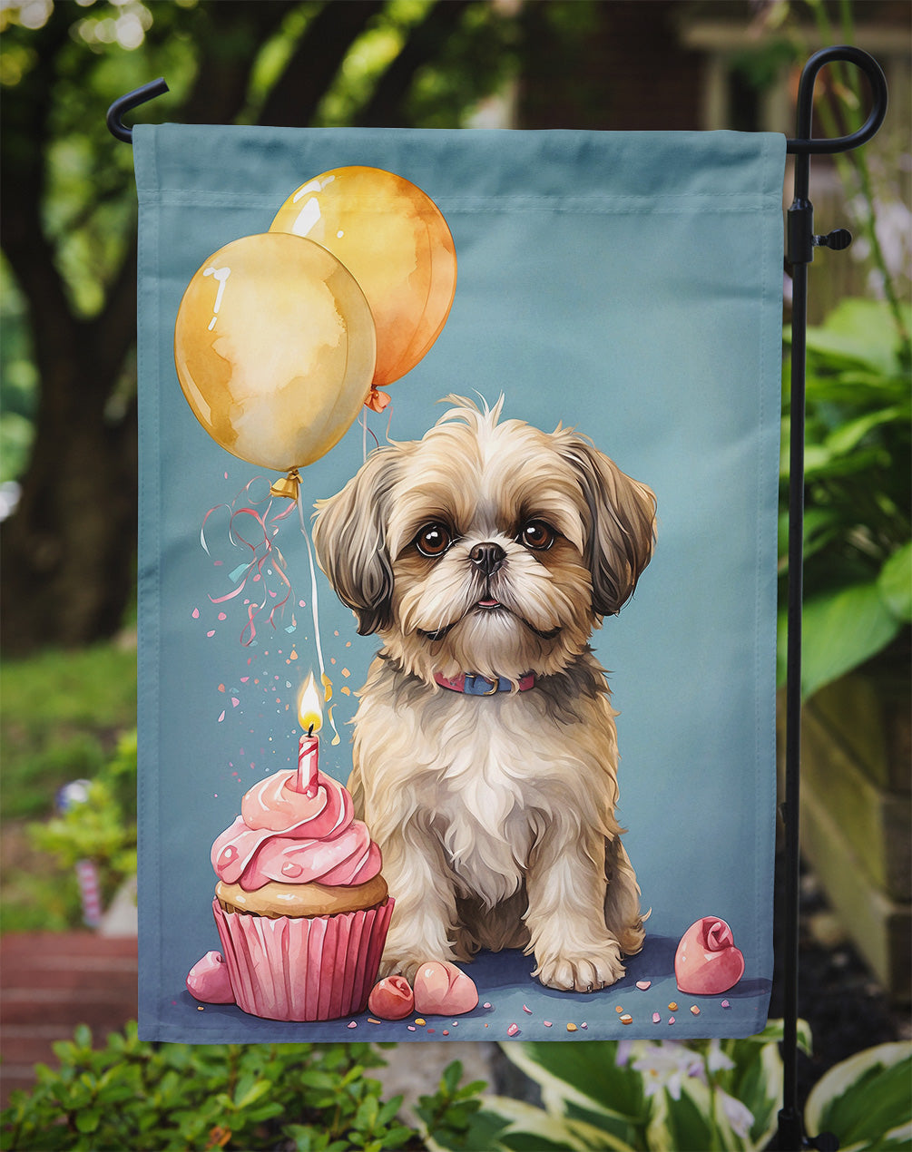 Shih Tzu Happy Birthday Garden Flag –Dog Birthday Cupcake Yard Decor with Balloons