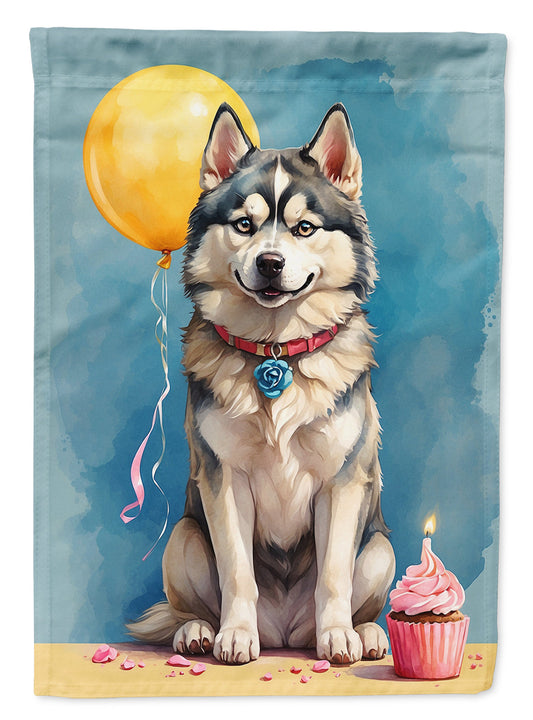 Siberian Husky Happy Birthday Garden Flag –Dog Birthday Cupcake Yard Decor with Balloons