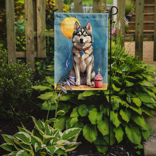 Siberian Husky Happy Birthday Garden Flag –Dog Birthday Cupcake Yard Decor with Balloons