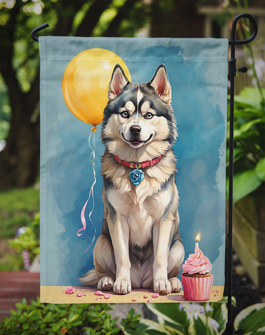 Siberian Husky Happy Birthday Garden Flag –Dog Birthday Cupcake Yard Decor with Balloons