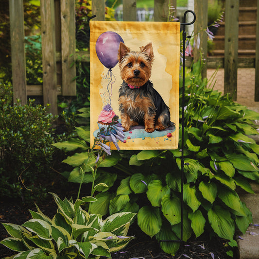 Silky Terrier Happy Birthday Garden Flag –Dog Birthday Cupcake Yard Decor with Balloons