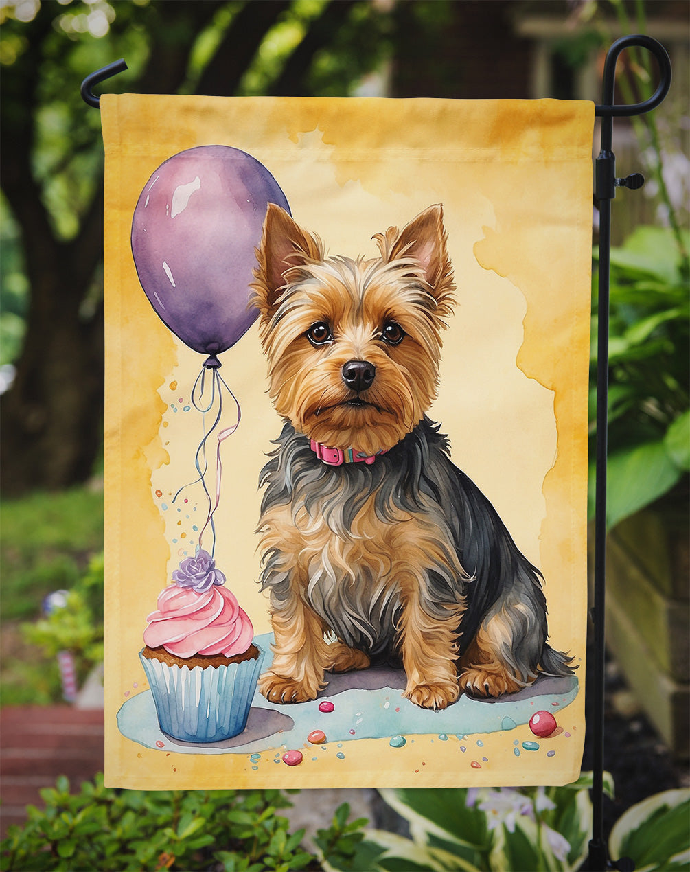 Silky Terrier Happy Birthday Garden Flag –Dog Birthday Cupcake Yard Decor with Balloons