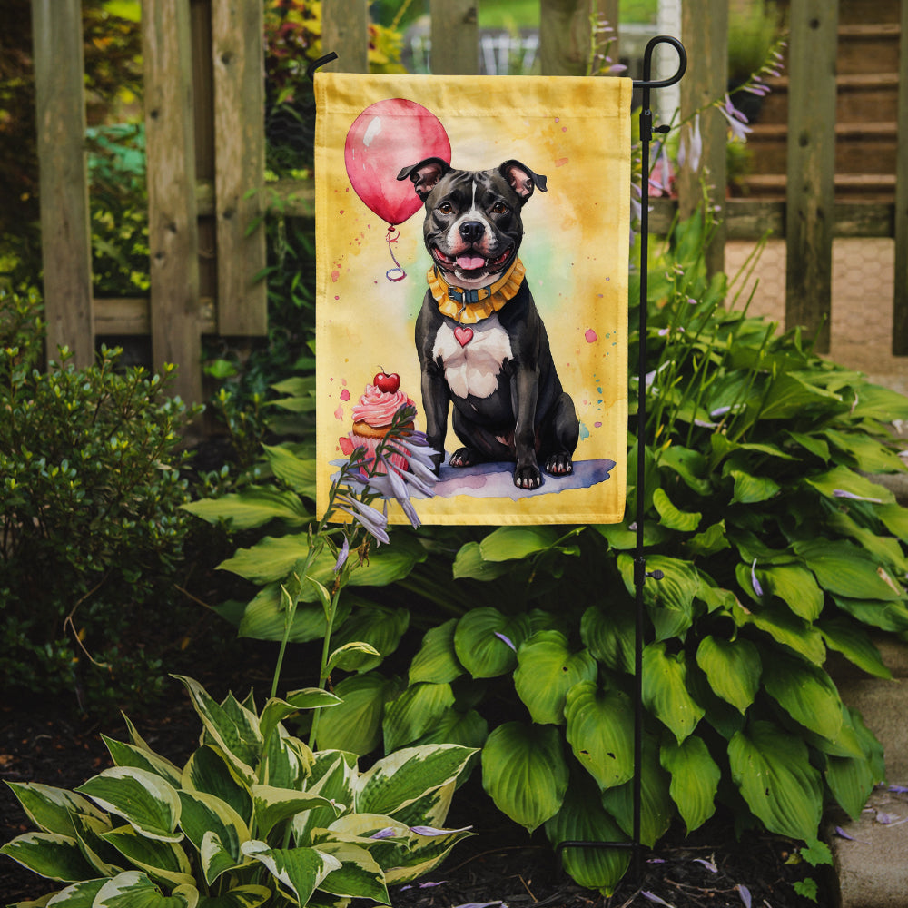 Staffordshire Bull Terrier Happy Birthday Garden Flag –Dog Birthday Cupcake Yard Decor with Balloons