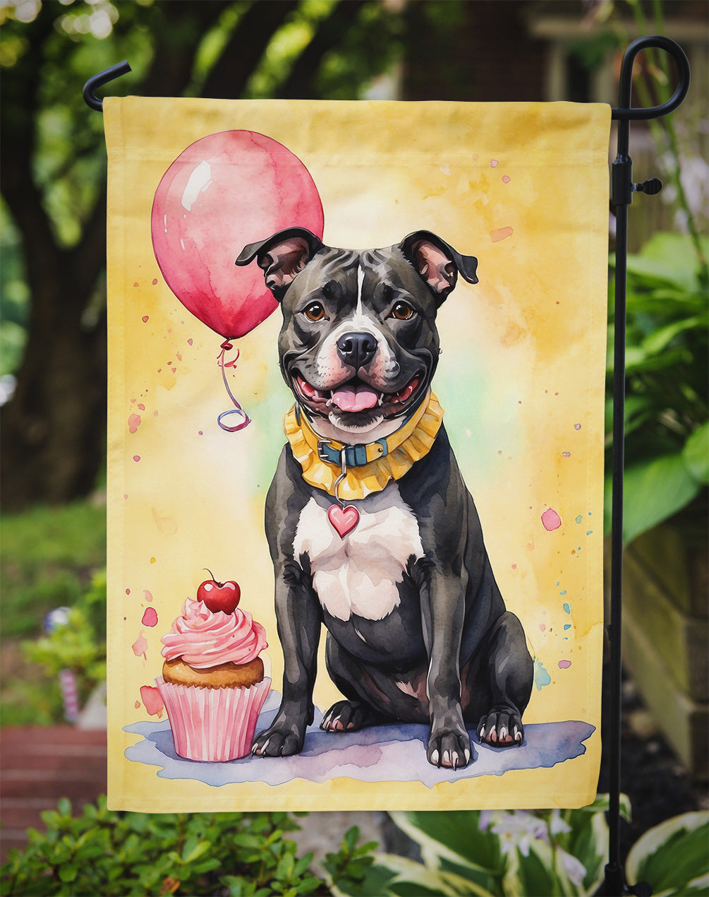 Staffordshire Bull Terrier Happy Birthday Garden Flag –Dog Birthday Cupcake Yard Decor with Balloons