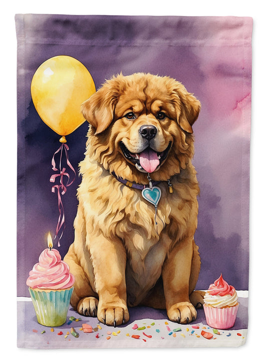 Tibetan Mastiff Happy Birthday Garden Flag –Dog Birthday Cupcake Yard Decor with Balloons