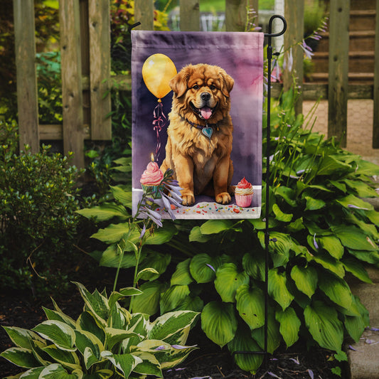 Tibetan Mastiff Happy Birthday Garden Flag –Dog Birthday Cupcake Yard Decor with Balloons