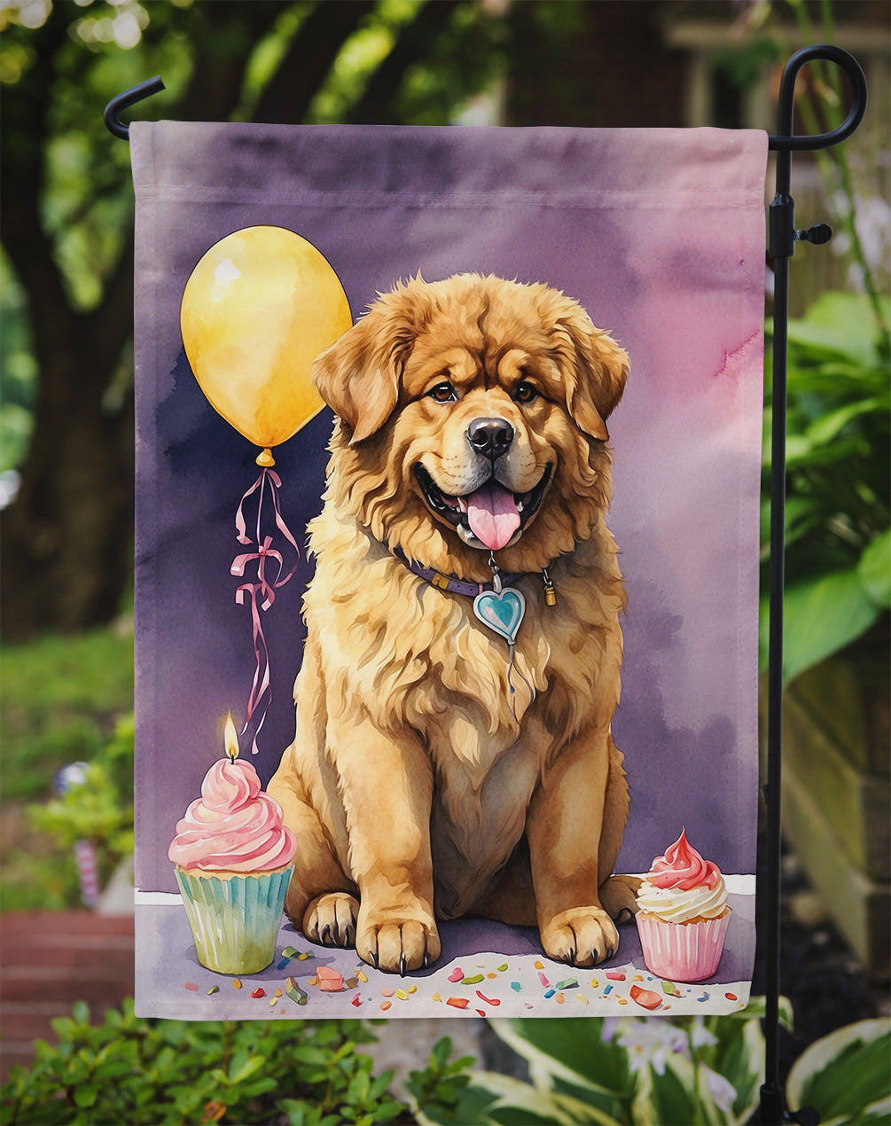Tibetan Mastiff Happy Birthday Garden Flag –Dog Birthday Cupcake Yard Decor with Balloons