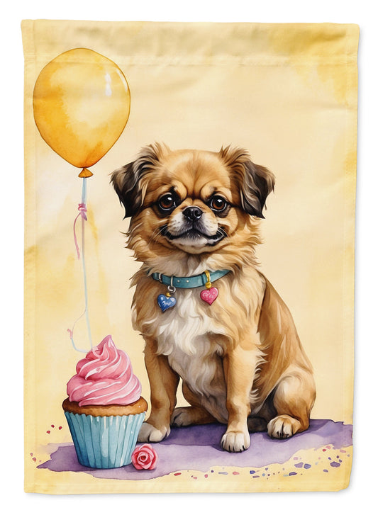 Tibetan Spaniel Happy Birthday Garden Flag –Dog Birthday Cupcake Yard Decor with Balloons