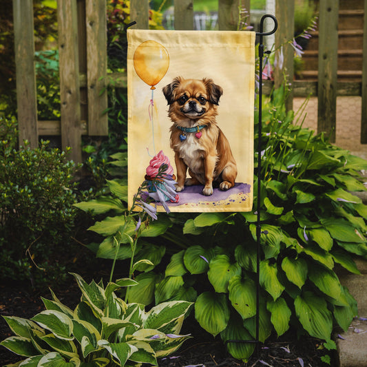 Tibetan Spaniel Happy Birthday Garden Flag –Dog Birthday Cupcake Yard Decor with Balloons
