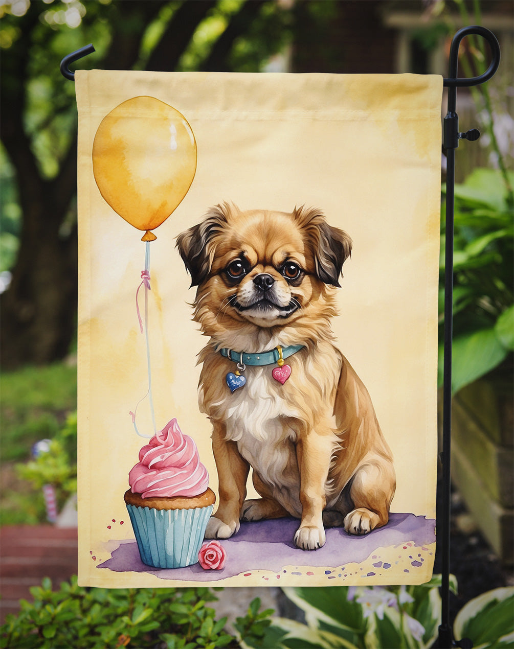 Tibetan Spaniel Happy Birthday Garden Flag –Dog Birthday Cupcake Yard Decor with Balloons
