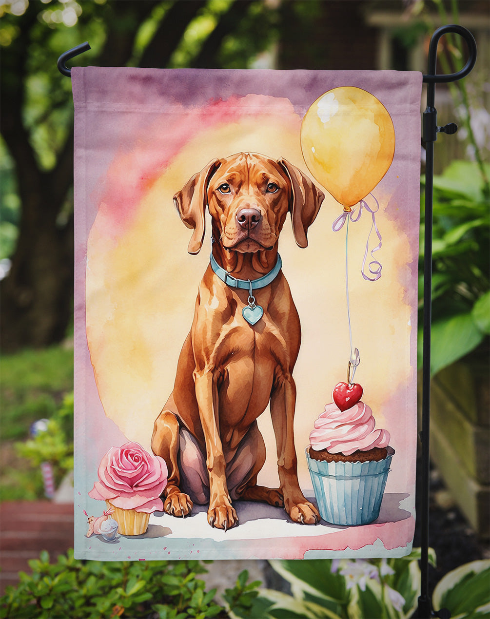 Vizsla Happy Birthday Garden Flag –Dog Birthday Cupcake Yard Decor with Balloons